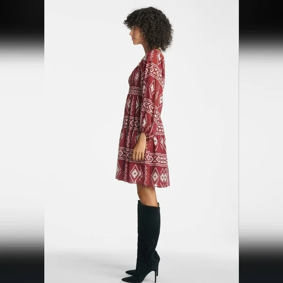 Sachin & Babi, Lola Short Printed Empire Dress, Aztec Borders Crimson - Size XS‎
